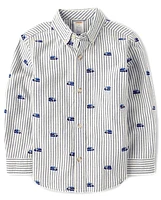 Boys Schiffli Train Oxford Button Up Shirt - Little Snowflake