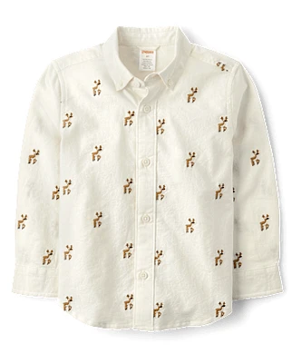 Boys Schiffli Reindeer Oxford Button Up Shirt - Holiday Express