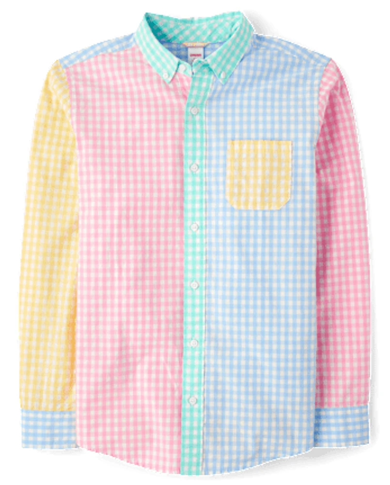 Mens Dad And Me Gingham Colorblock Poplin Button Up Shirt - Garden Party