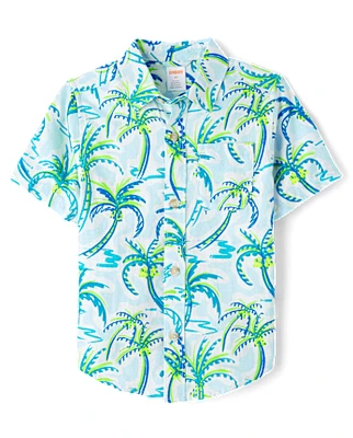 Boys Palm Tree Linen-Blend Button Up Shirt - Swim