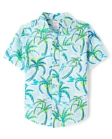 Boys Palm Tree Linen-Blend Button Up Shirt - Swim