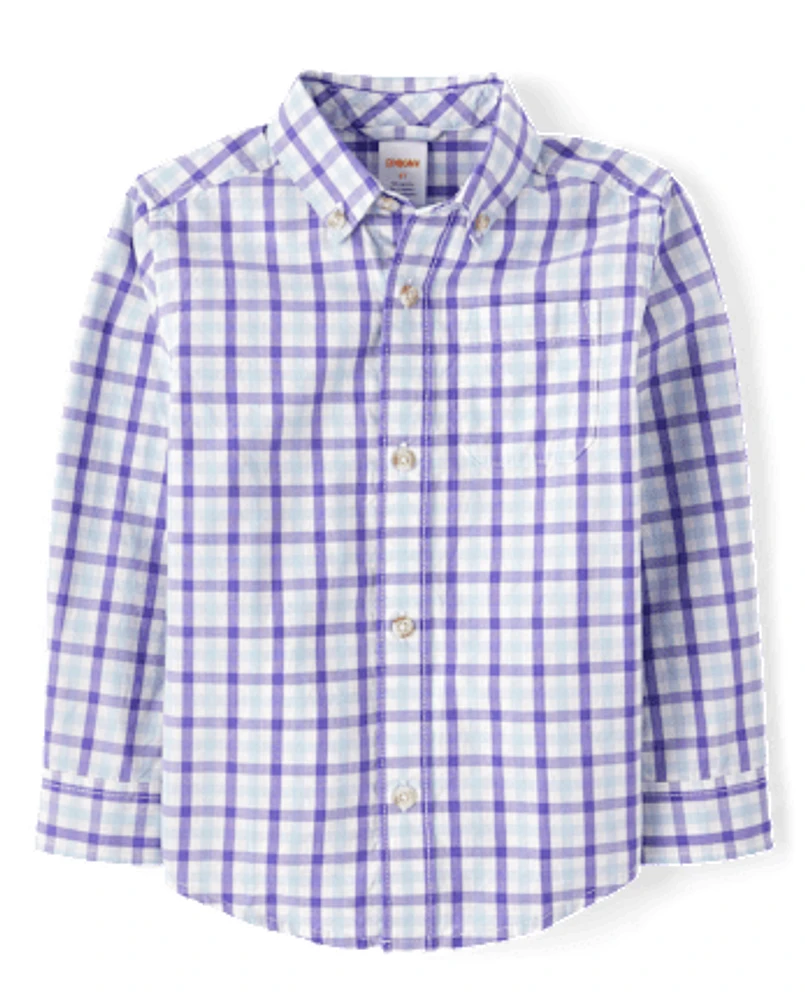 Boys Dad And Me Plaid Poplin Button Up Shirt - Lavender Fields