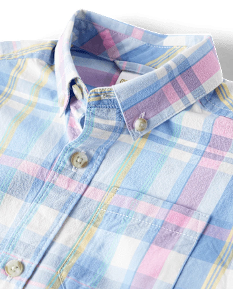 Boys Plaid Poplin Button Up Shirt - Garden Party