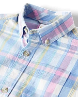 Boys Plaid Poplin Button Up Shirt - Garden Party