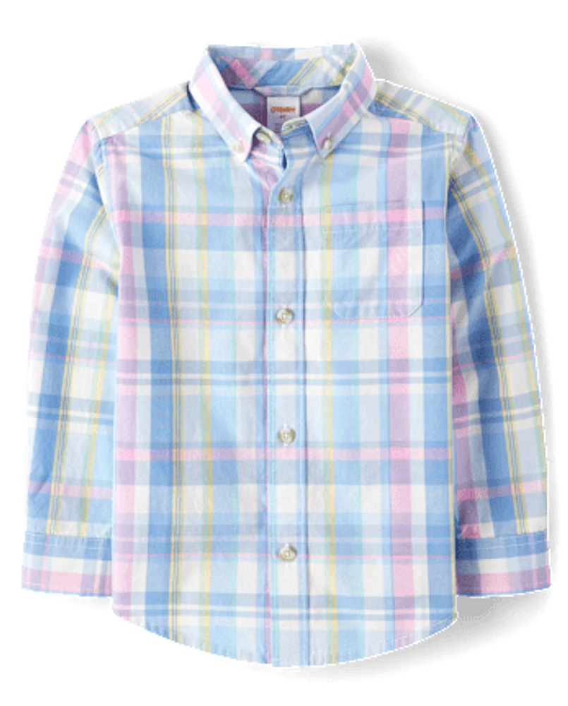 Boys Plaid Poplin Button Up Shirt - Garden Party