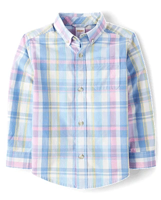 Boys Plaid Poplin Button Up Shirt - Garden Party