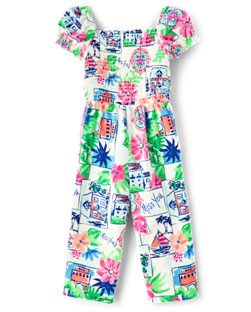 Girls Mommy And Me Vacation Linen-Blend Smocked Jumpsuit - Italian Riviera