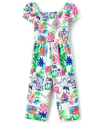 Girls Mommy And Me Vacation Linen-Blend Smocked Jumpsuit - Italian Riviera