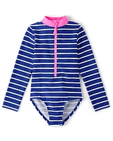 Girls Striped Rashguard One Piece Swimsuit - Swim