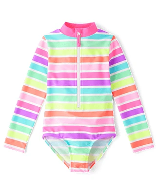 Girls Print Rashguard One Piece Swimsuit