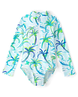 Girls Palm Tree Rashguard One Piece Swimsuit - Swim