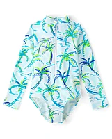 Girls Palm Tree Rashguard One Piece Swimsuit - Swim