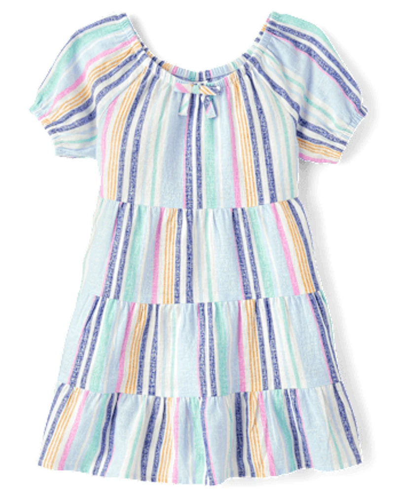Robe à volants en lin mélangé rayé pour fille - Riviera italienne