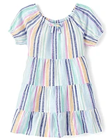 Girls Striped Linen-Blend Tiered Dress - Italian Riviera