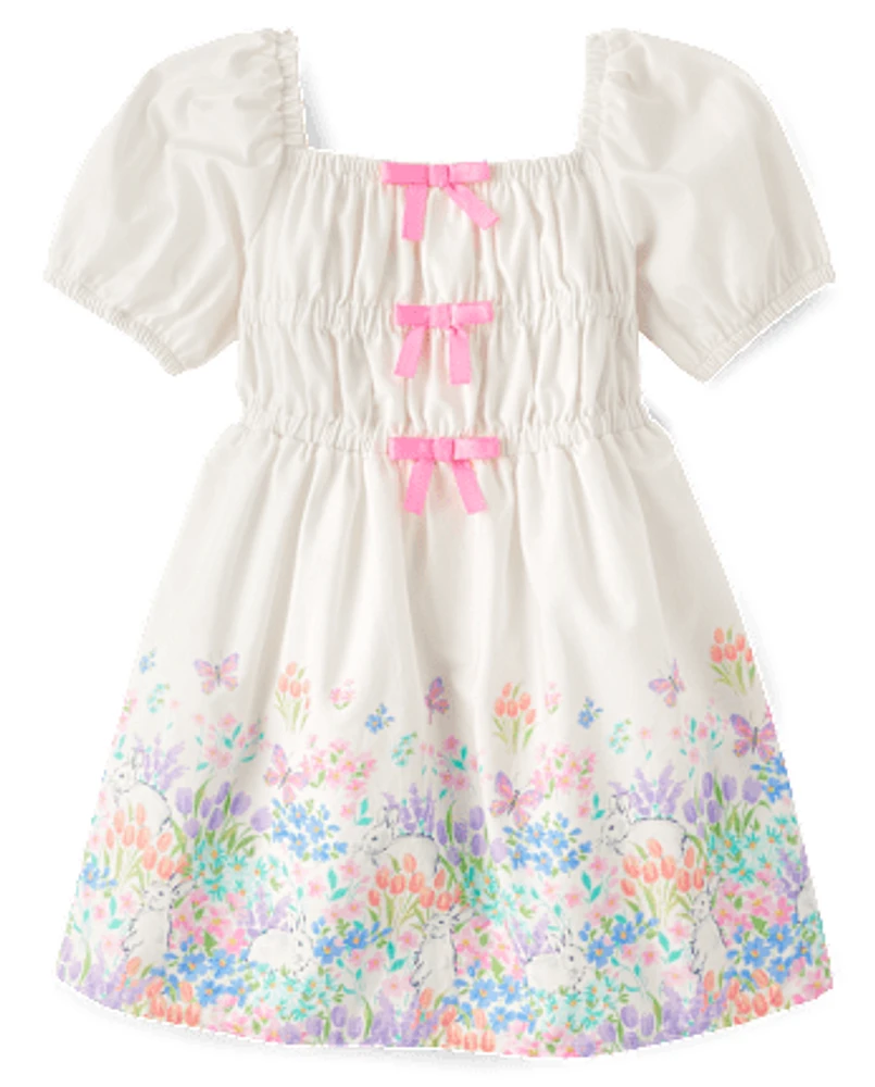 Girls Floral Bunny Bow Dress - Garden Party