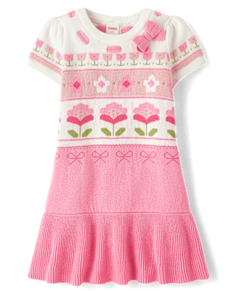 Robe pull à basque en jacquard fleuri pour fille - Blushing Blooms