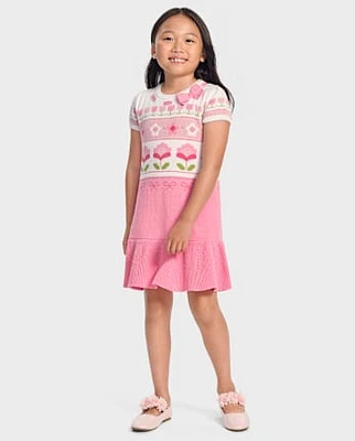 Girls Floral Fairisle Peplum Sweater Dress - Blushing Blooms