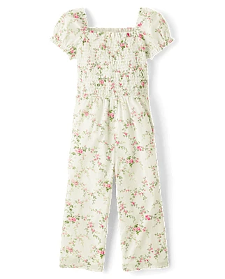 Girls Floral Smocked Jumpsuit - Blushing Blooms