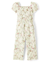 Girls Floral Smocked Jumpsuit - Blushing Blooms