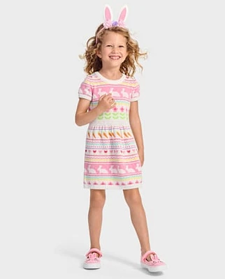 Girls Bunny Fairisle Sweater Dress - Garden Party