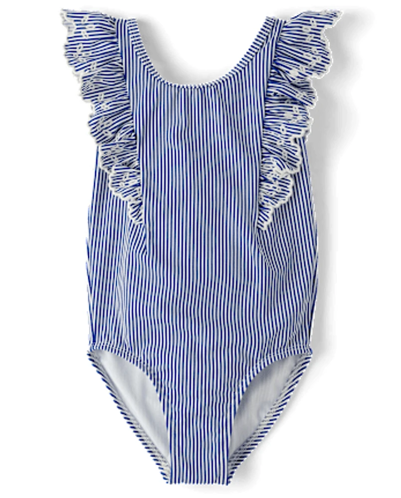 Girls Eyelet Striped One Piece Swimsuit - Swim