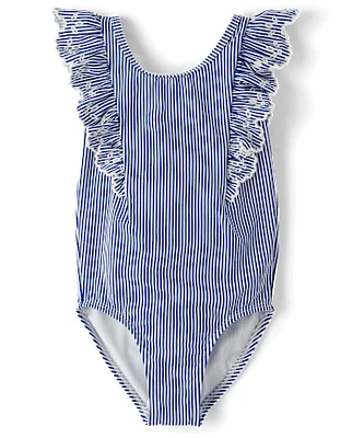 Girls Eyelet Striped One Piece Swimsuit - Swim