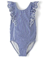 Girls Eyelet Striped One Piece Swimsuit - Swim