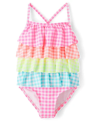 Girls Gingham Ruffle One Piece Swimsuit - Swim