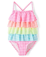 Girls Gingham Ruffle One Piece Swimsuit - Swim