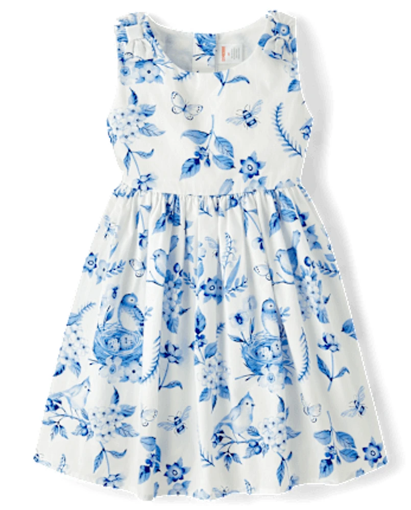 Girls Mommy And Me Floral Bird Bow Fit Flare Dress - Blue Belle