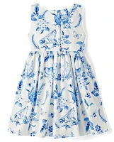 Girls Mommy And Me Floral Bird Bow Fit Flare Dress - Blue Belle