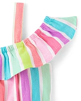 Girls Rainbow Striped Linen-Blend Off Shoulder Dress - Swim