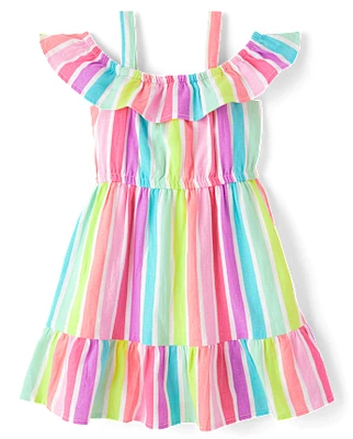 Girls Rainbow Striped Linen-Blend Off Shoulder Dress - Swim