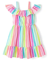 Girls Rainbow Striped Linen-Blend Off Shoulder Dress - Swim