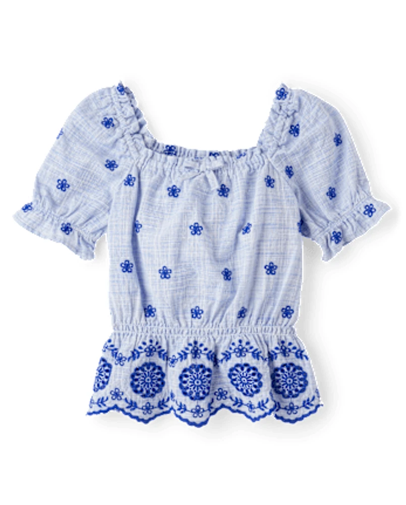 Girls Eyelet Top - Italian Riviera