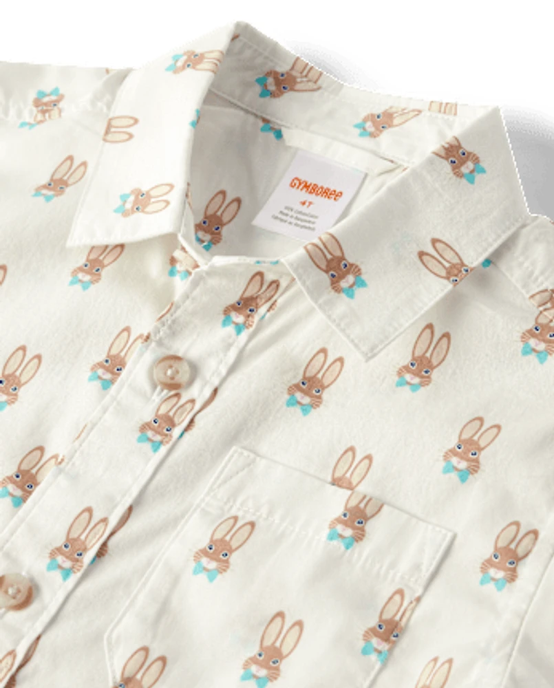Boys Bunny Poplin Button Up Shirt - Spring Celebrations