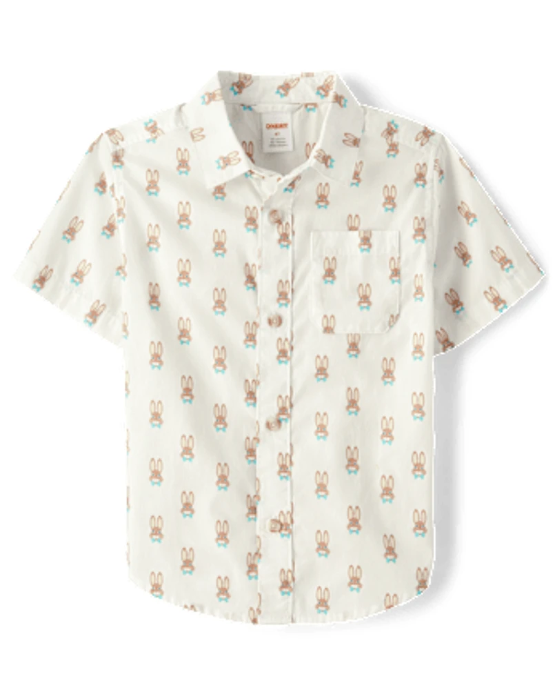 Boys Bunny Poplin Button Up Shirt - Spring Celebrations