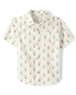 Boys Bunny Poplin Button Up Shirt - Spring Celebrations