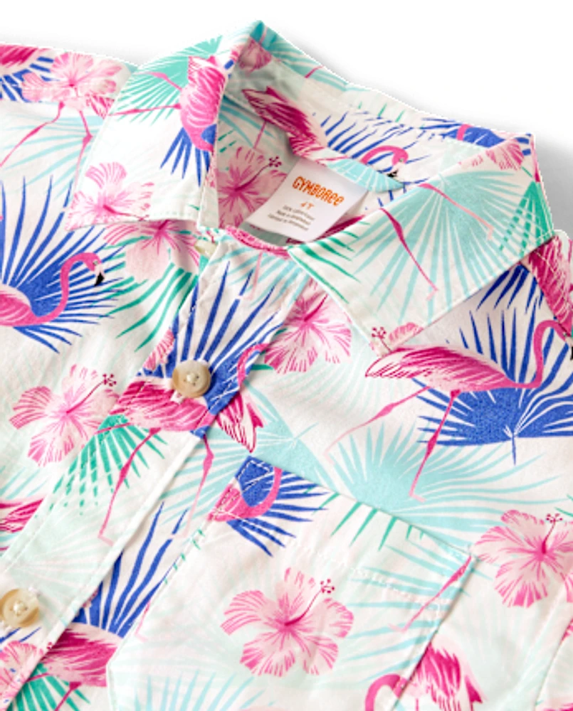 Boys Flamingo Poplin Button Up Shirt - Swim