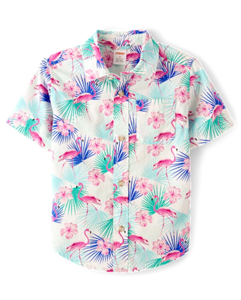 Boys Flamingo Poplin Button Up Shirt - Swim