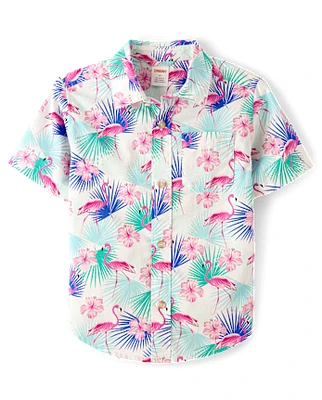 Boys Flamingo Poplin Button Up Shirt - Swim