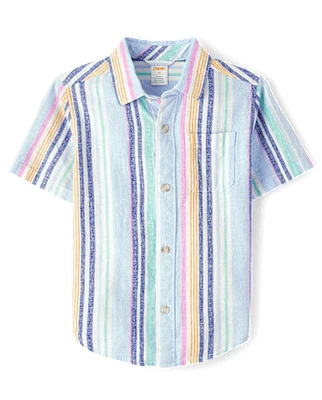 Boys Striped Linen-Blend Button Up Shirt - Italian Riviera