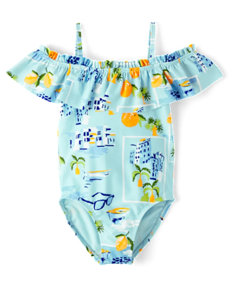 Girls Travel Off Shoulder One Piece Swimsuit - Swim