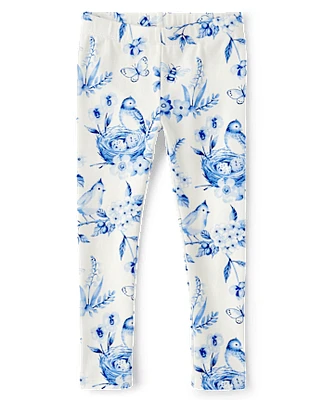 Girls Floral Bird Leggings - Blue Belle