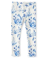 Girls Floral Bird Leggings - Blue Belle