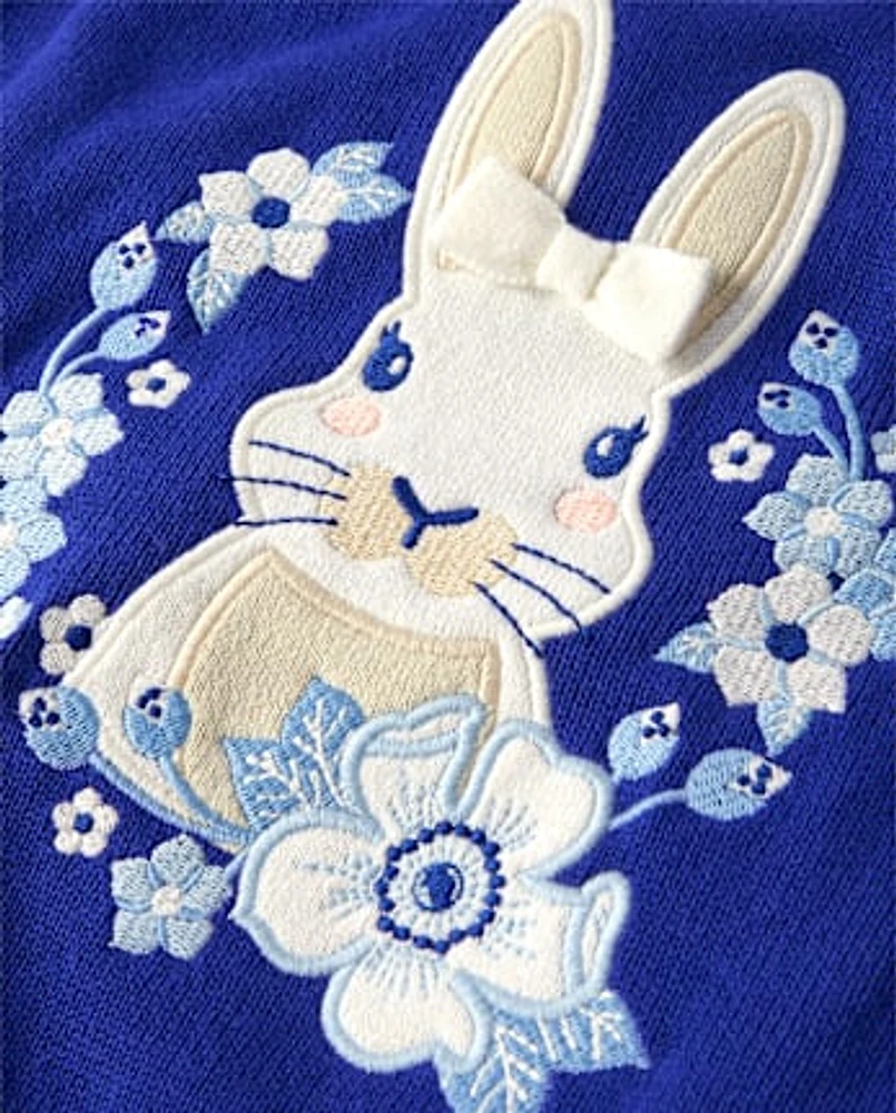 Pull brodé lapin fleuri pour fille - Blue Belle