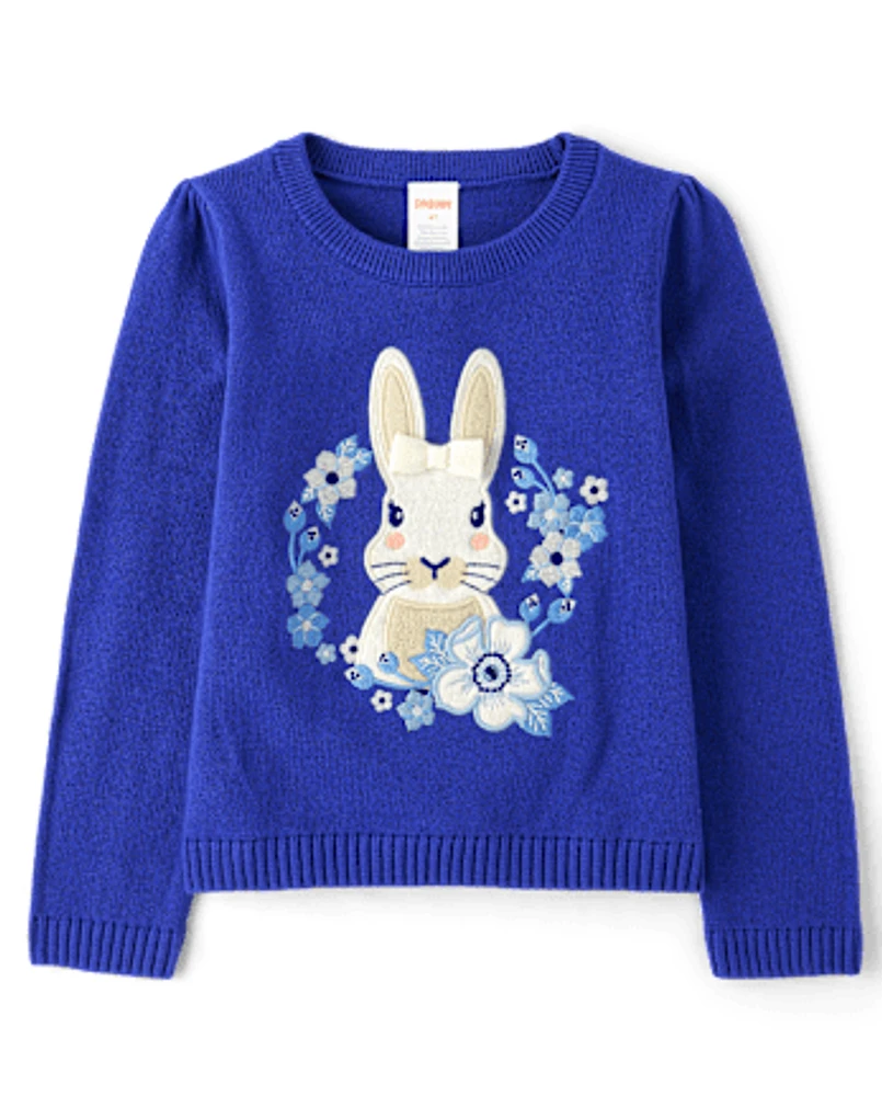 Girls Embroidered Floral Bunny Sweater - Blue Belle