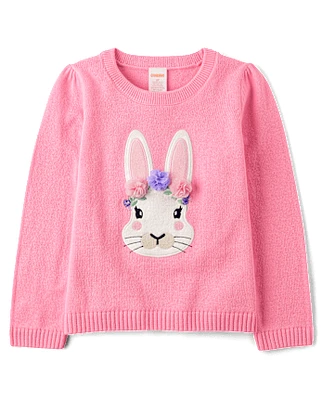 Girls Embroidered Floral Bunny Sweater