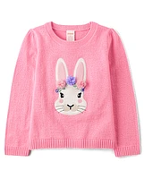 Girls Embroidered Floral Bunny Sweater