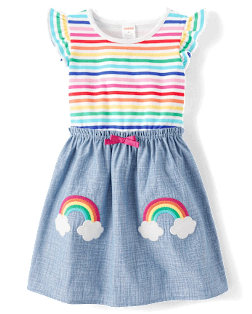 Girls Embroidered Rainbow Flutter Dress - Little Essentials